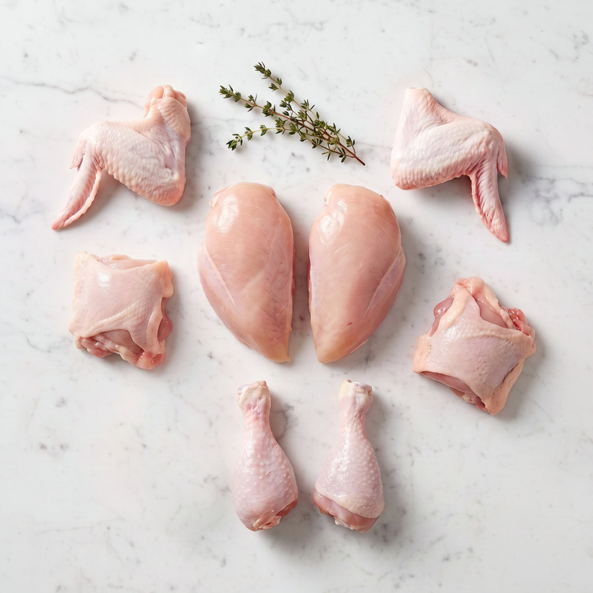 Raw chicken cut into eight pieces: breasts, wings, thighs and drumsticks, on white marble with thyme