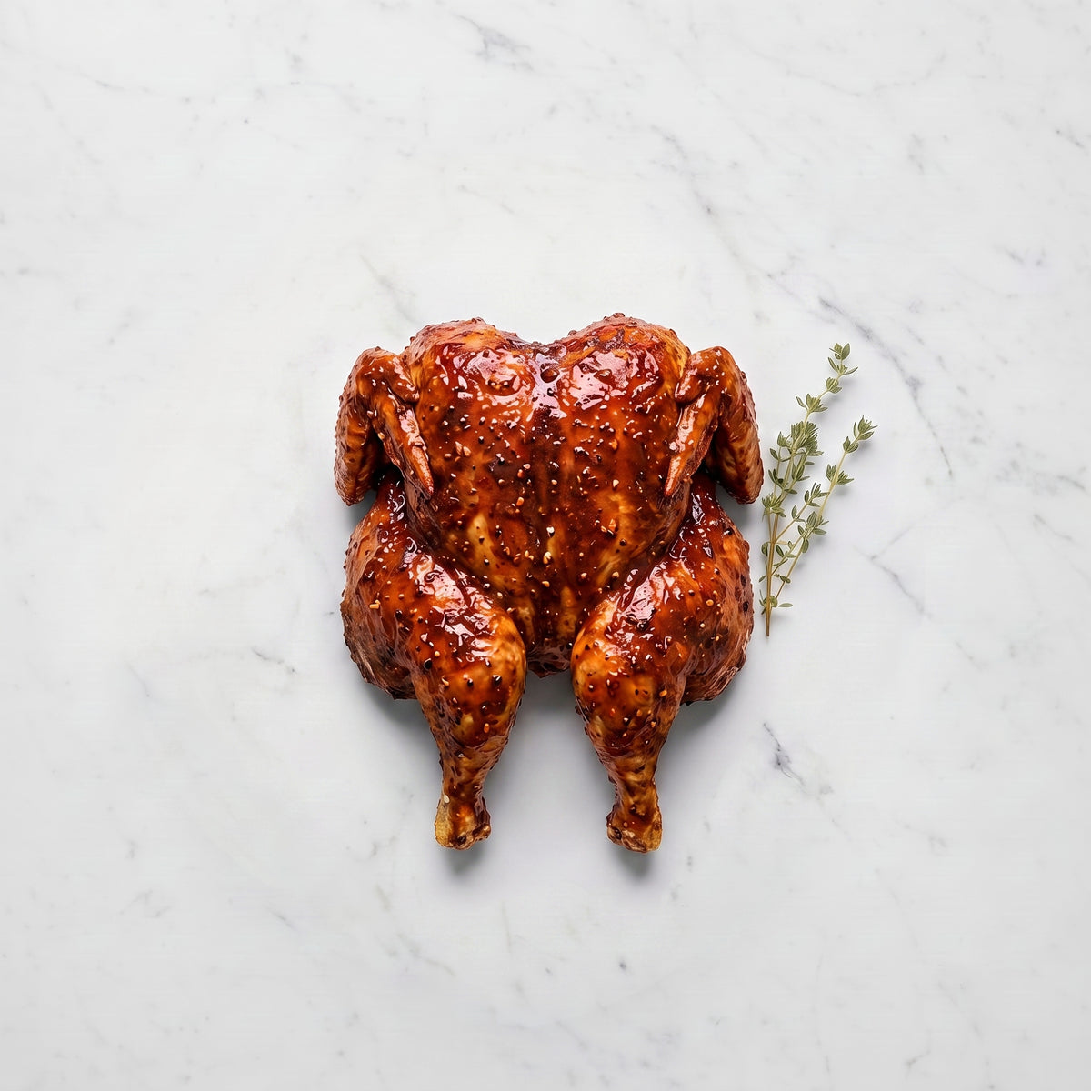 Butterflied chicken coated in glossy BBQ marinade with a thyme sprig on white marble
