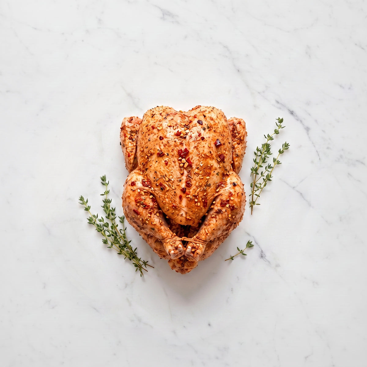 Whole raw chicken coated in roasted red pepper and garlic dry rub, with thyme sprigs on white marble