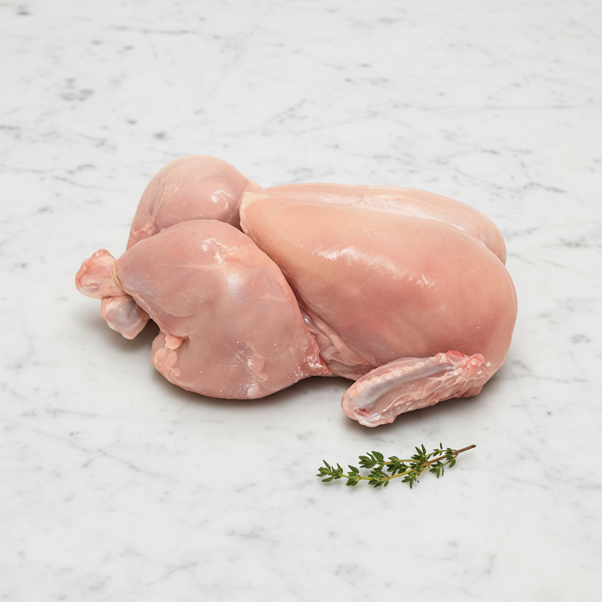 Whole raw chicken with the skin removed and a thyme sprig on white marble