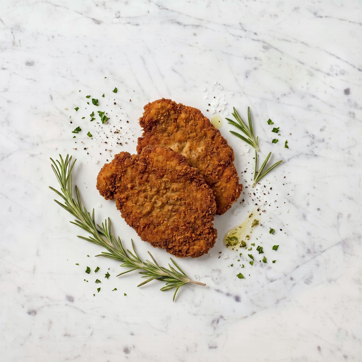 Overhead view of two pieces of Breaded Cooked Kosher Chicken Schnitzel with rosemary on a marble surface