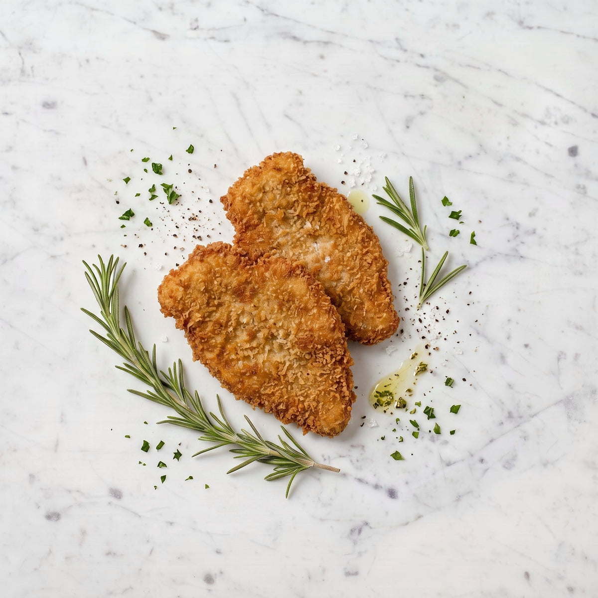 Overhead view of two Cooked Veal Cutlets, breaded and golden, with rosemary on a marble surface