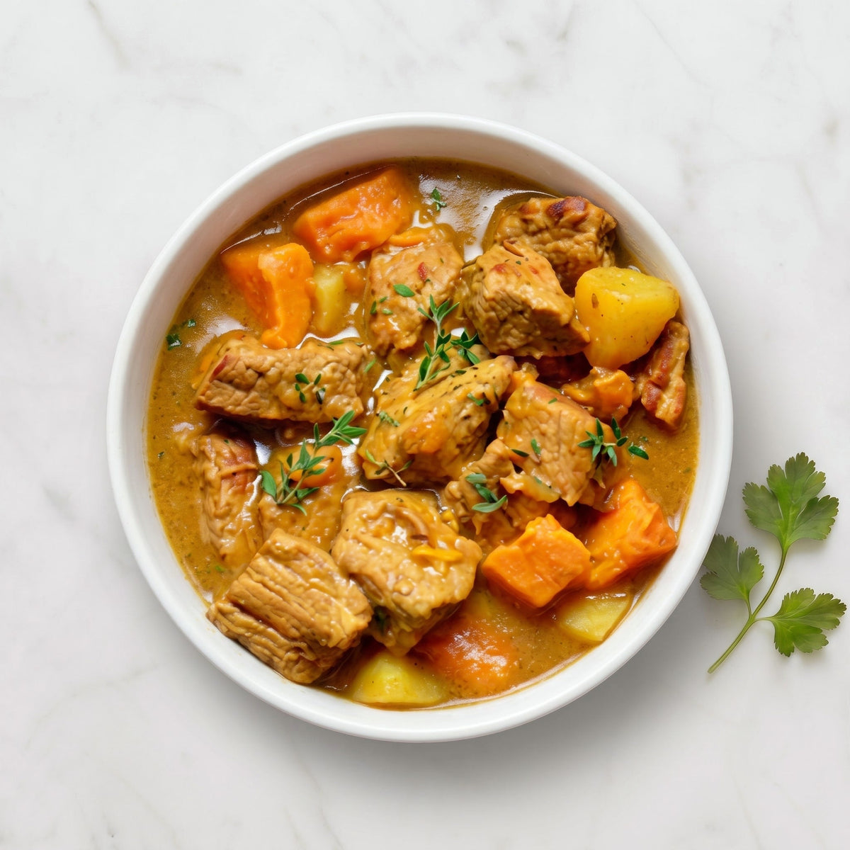 Overhead view of a bowl of Cooked Veal Stew with sweet potato, potato and thyme