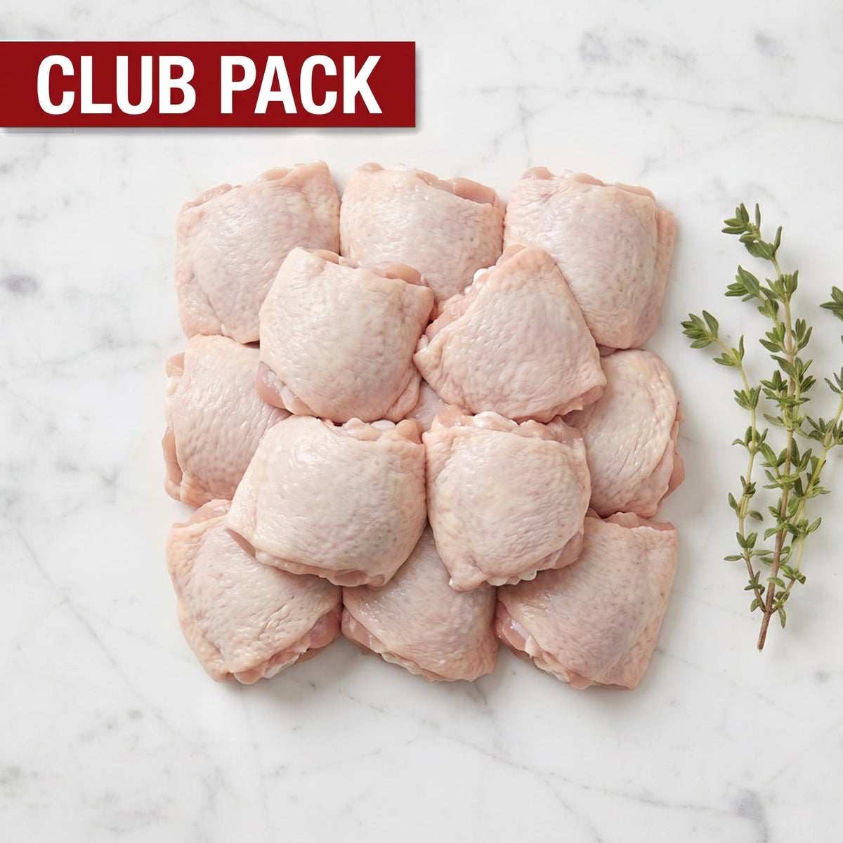 Club Pack of raw bone-in, skin-on chicken thighs arranged in a square with thyme on white marble
