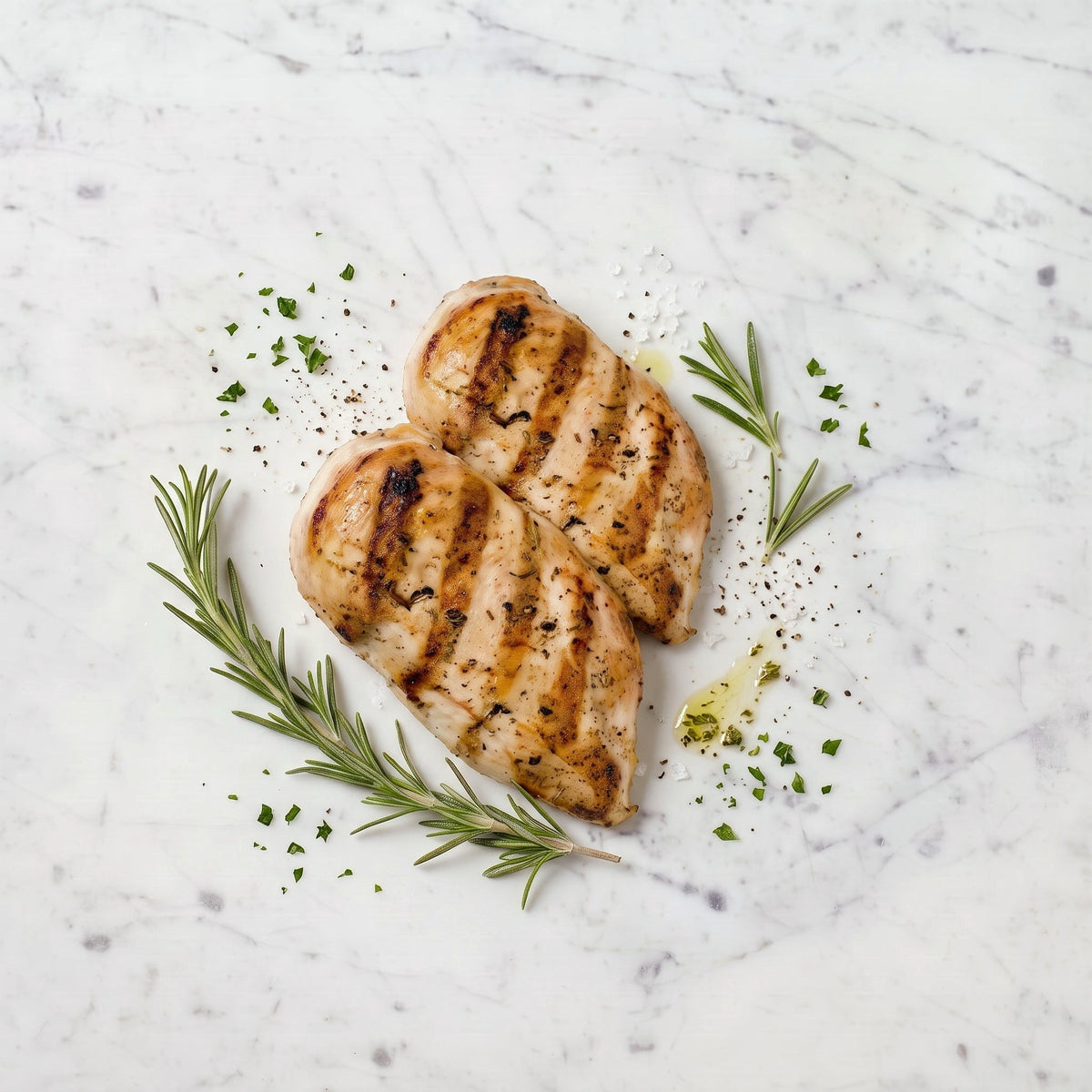 Overhead view of two Grilled Chicken Breasts with grill marks, rosemary and cracked pepper on marble