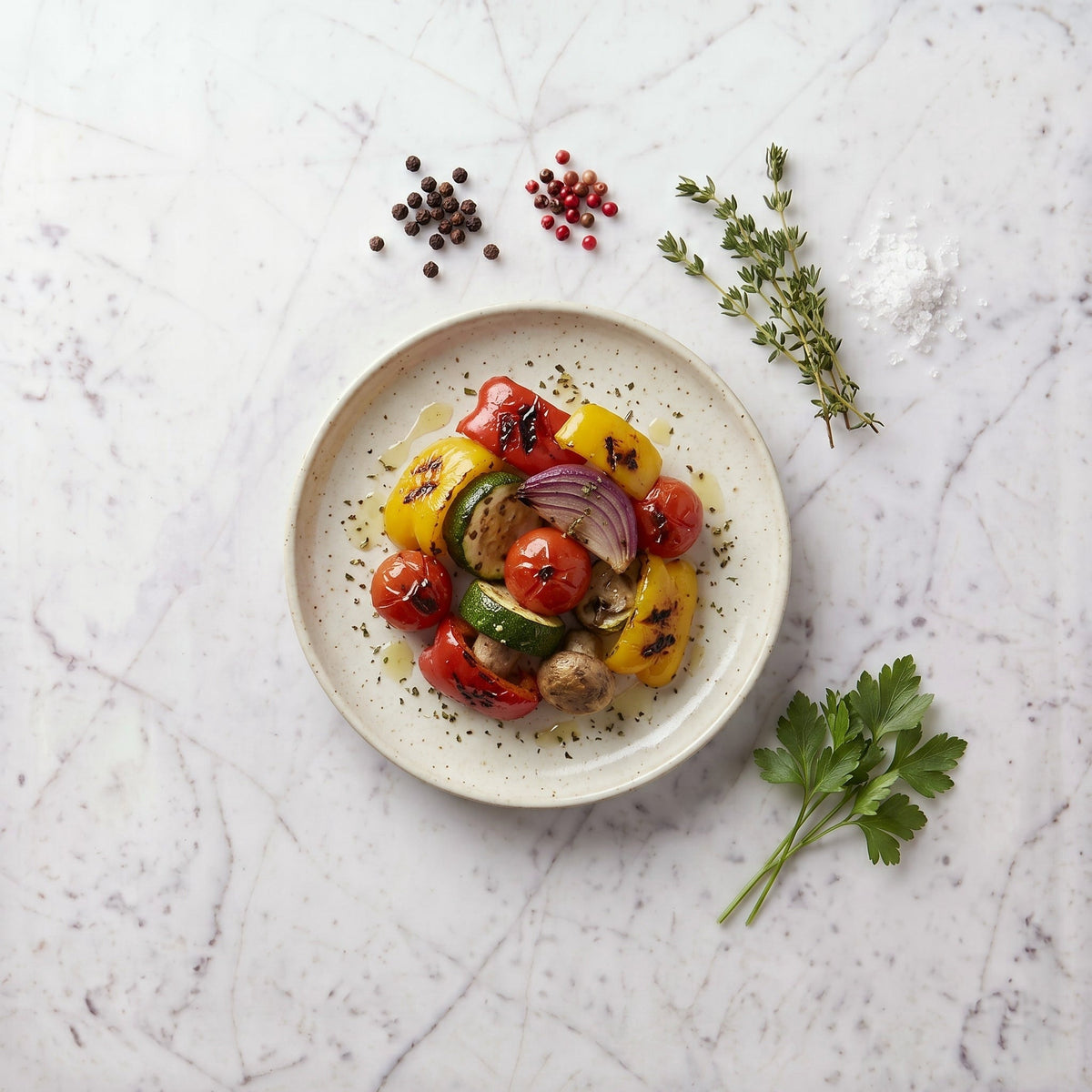 Overhead view of a plate of grilled vegetables including peppers, zucchini, tomato, mushroom and red onion