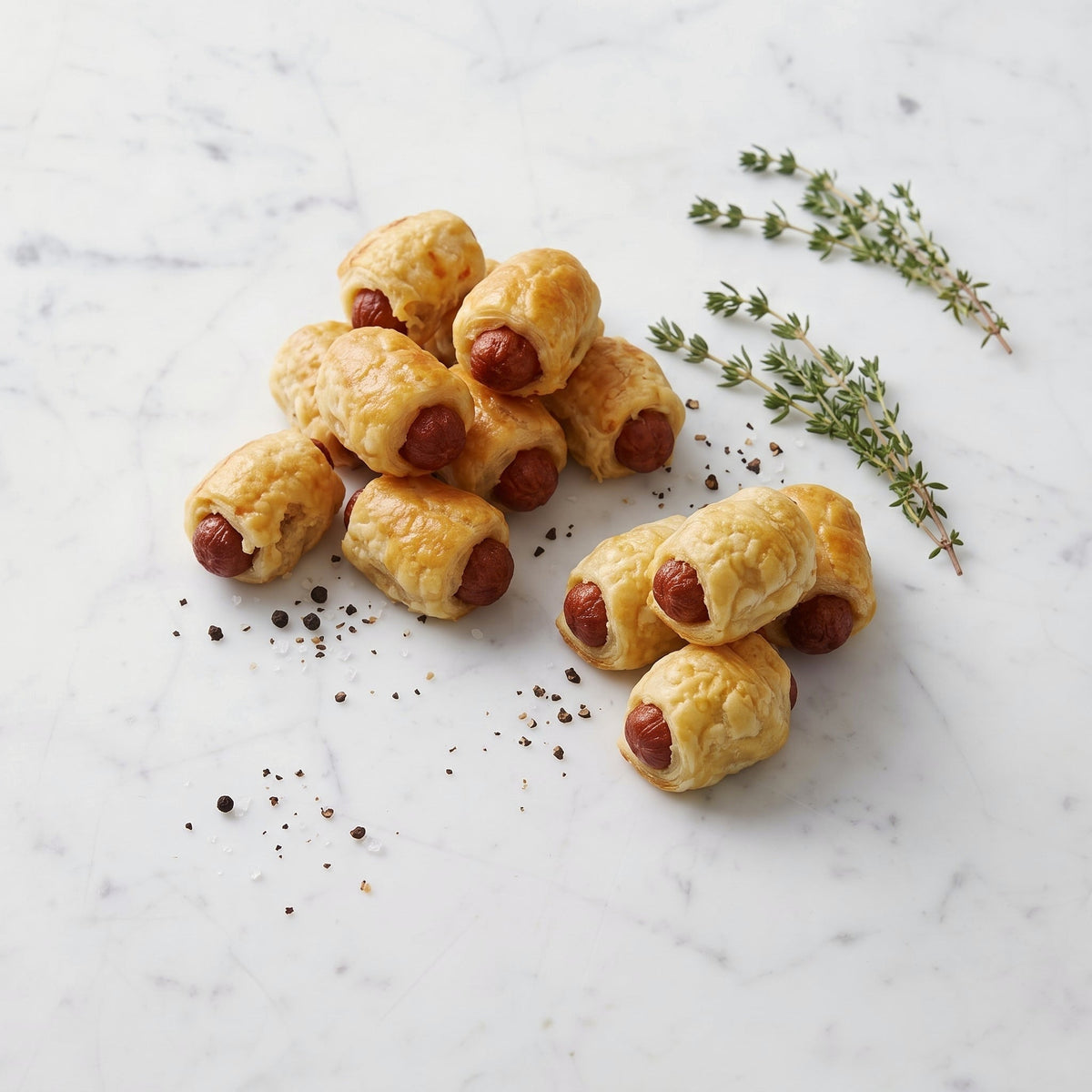 A pile of Hotdogs in Blanket, mini hot dogs wrapped in golden puff pastry, with thyme on marble