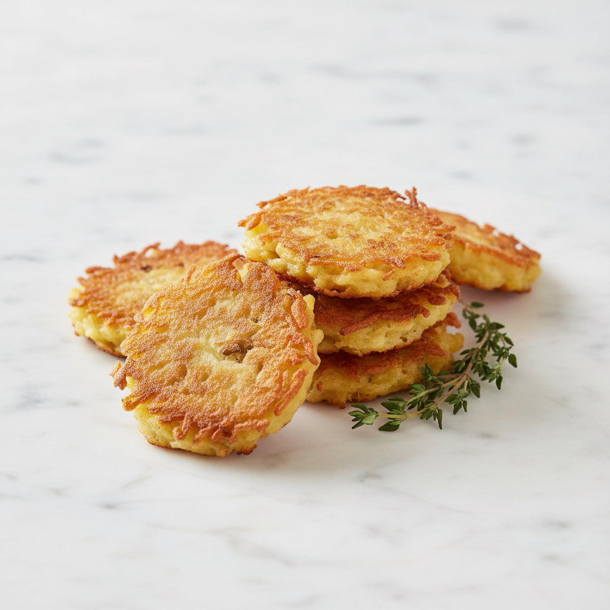 A cluster of small golden Mini Potato Latkes with a sprig of thyme on a marble surface
