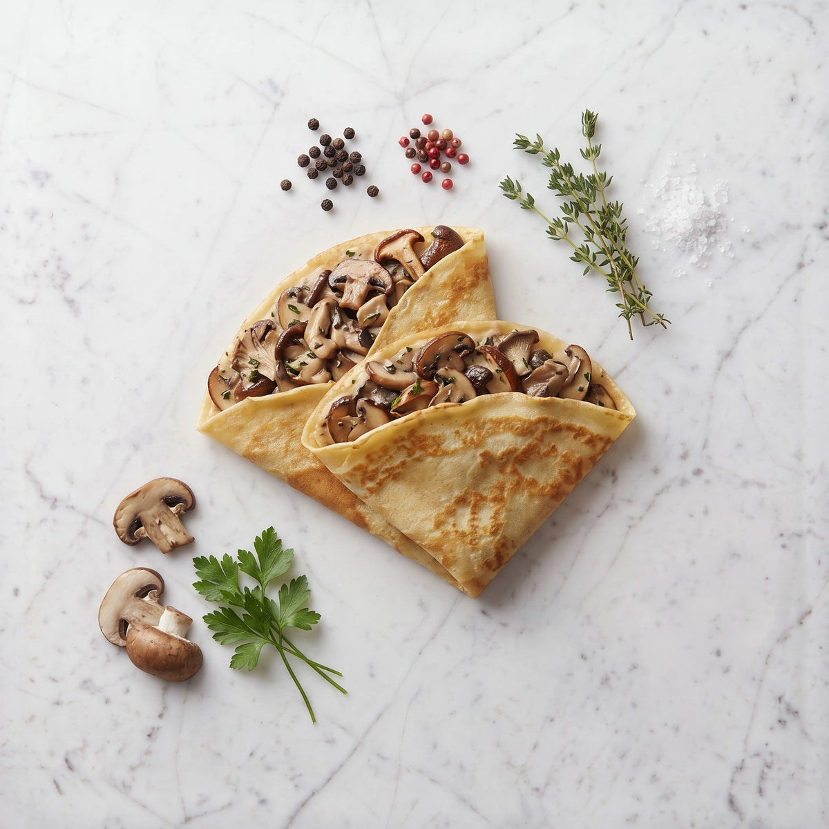 Overhead view of two folded Mushroom Crepes with sauteed mushrooms and thyme on a marble surface