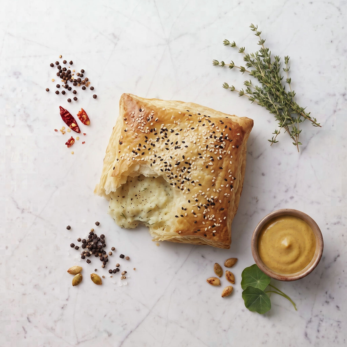 Overhead view of a Potato Boureka with sesame seeds, thyme and a bowl of mustard on marble