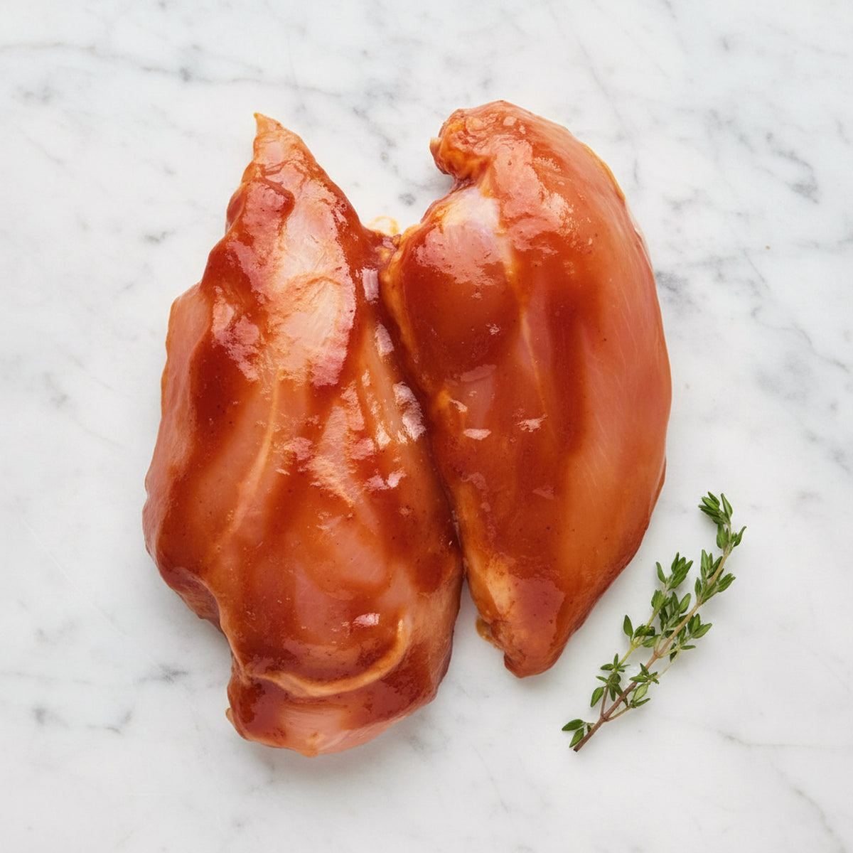 Two pre-marinated chicken cutlets on a white marble surface