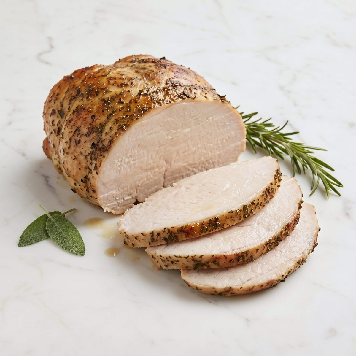 Roast Turkey Breast, partly sliced, with herb crust, rosemary and sage on a marble surface
