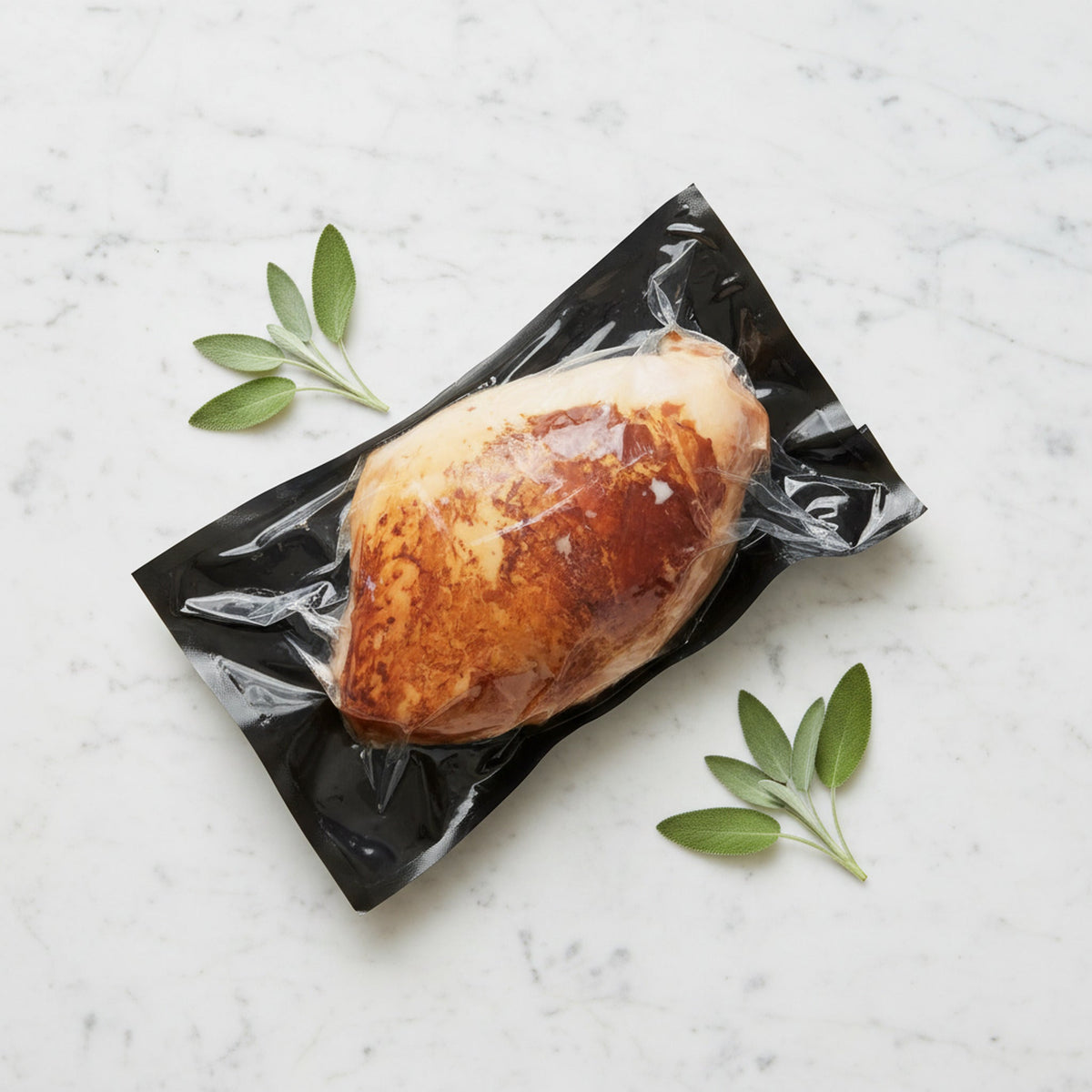 A Smoked Turkey Half Breast in vacuum packaging with sage leaves on a marble surface