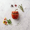 Overhead view of a Stuffed Pepper filled with seasoned meat and rice, lid on, on a marble surface