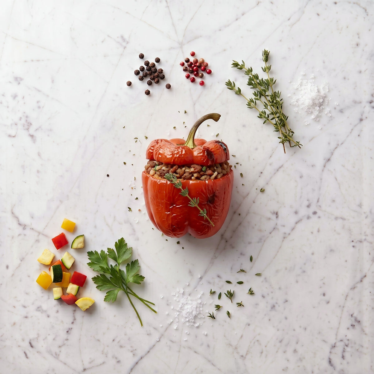 Overhead view of a Stuffed Pepper filled with seasoned meat and rice, lid on, on a marble surface