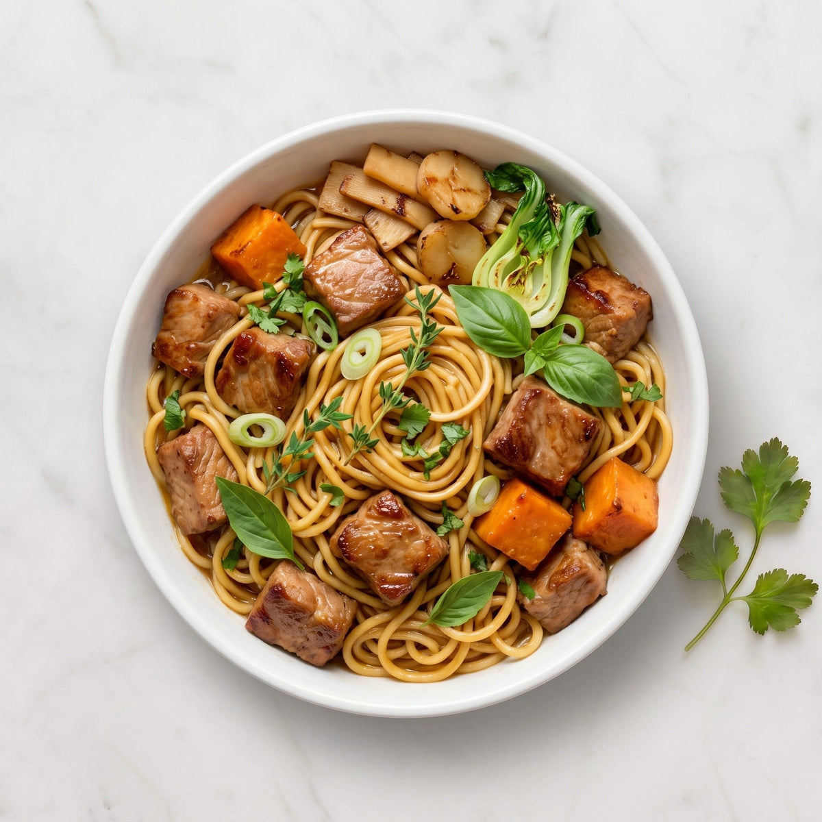 Overhead view of a bowl of TK Asian Noodles with Meat, with bok choy, sweet potato and basil