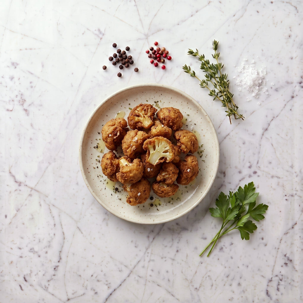 Overhead view of a plate of TK Breaded Cauliflower florets, golden fried, on a marble surface