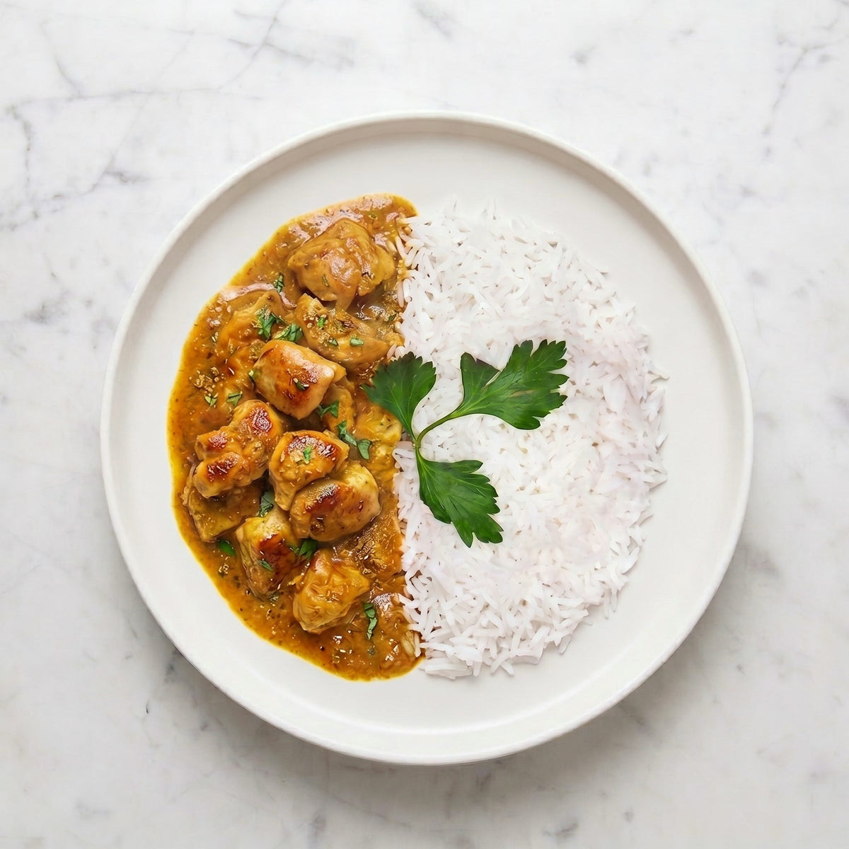 Overhead view of TK Chicken Curry with Rice, chicken in curry sauce beside white rice on a round plate