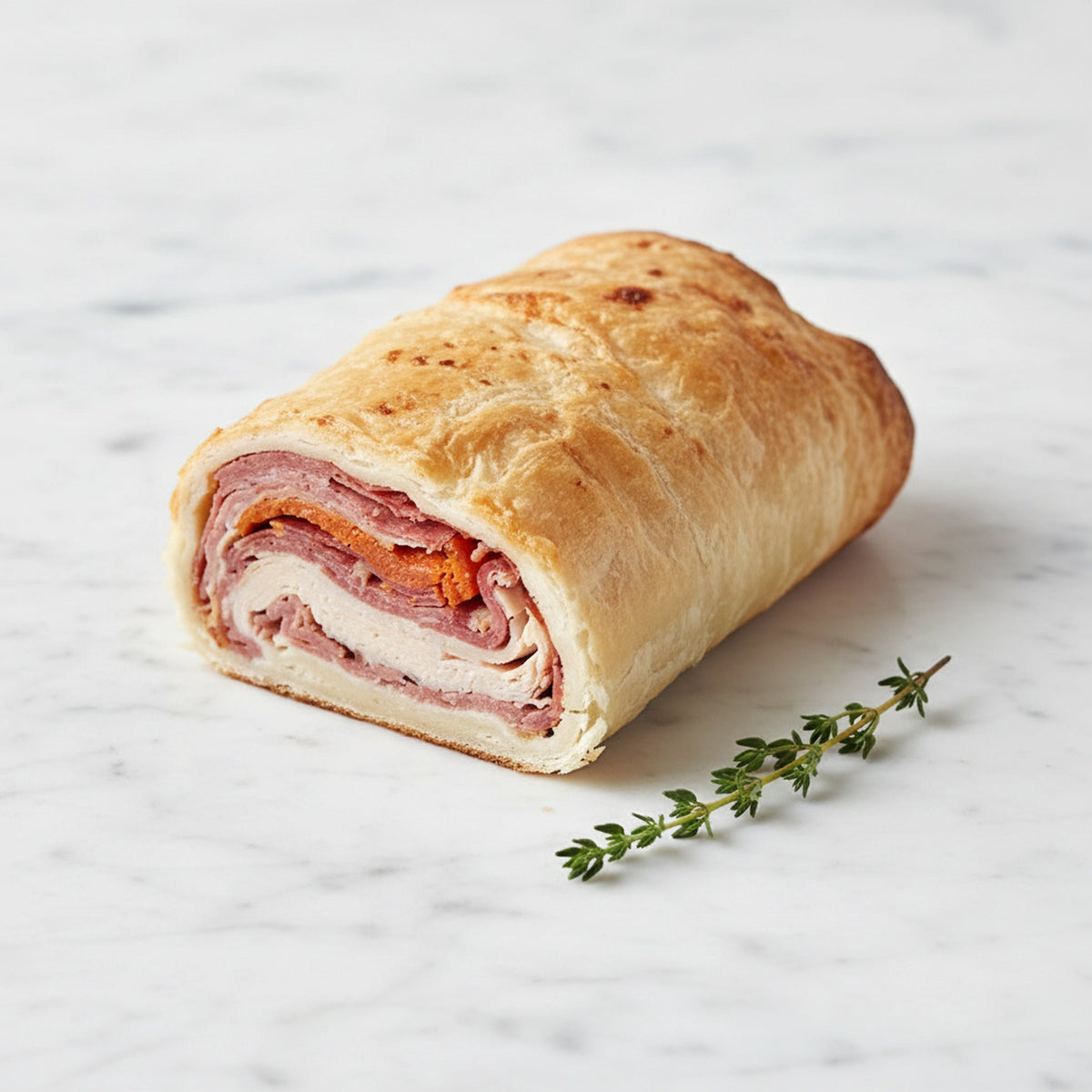 A TK Deli Roll sliced to show layers of deli meat in golden pastry, with thyme on a marble surface