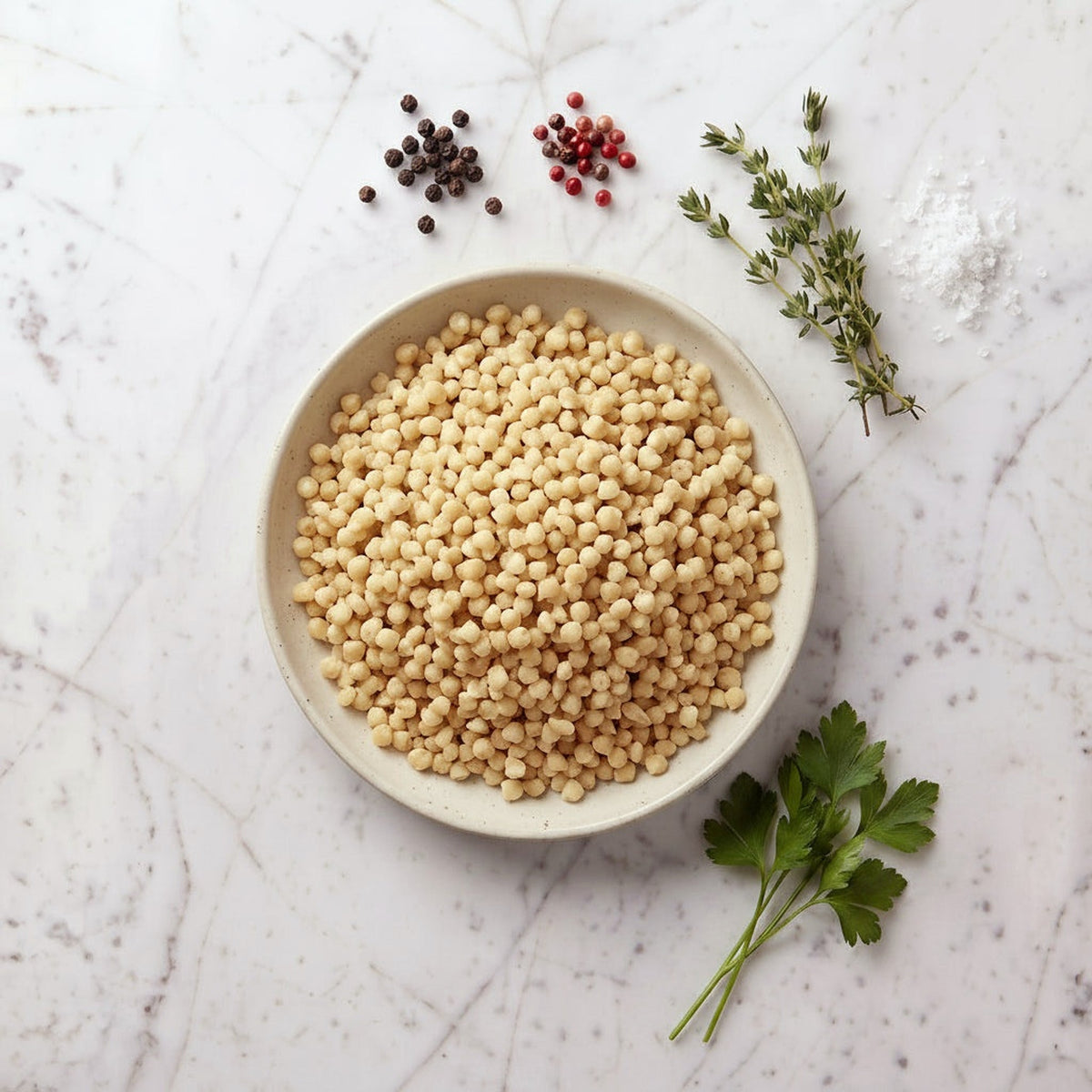 Overhead view of a bowl of TK Farfel, small toasted pasta pellets, on a marble surface