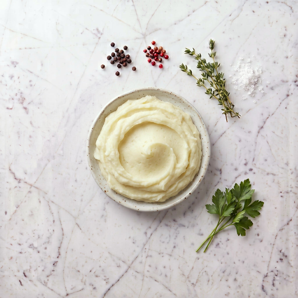 Overhead view of a bowl of TK Mashed Potatoes swirled smooth on a marble surface