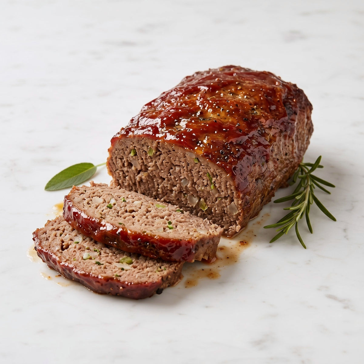 TK Meatloaf with a glazed top, partly sliced, with rosemary and sage on a marble surface