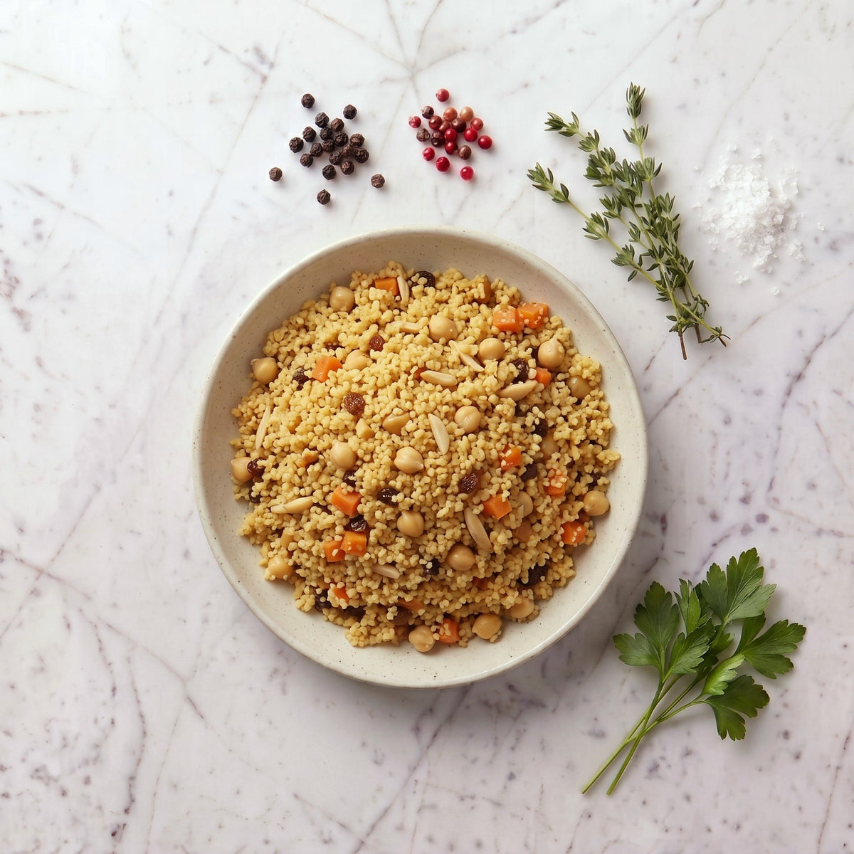 Overhead view of a bowl of TK Moroccan Couscous with chickpeas, carrot, raisins and slivered almonds