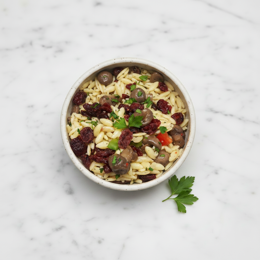 TK Mushroom Orzo Salad with Dried Cranberries