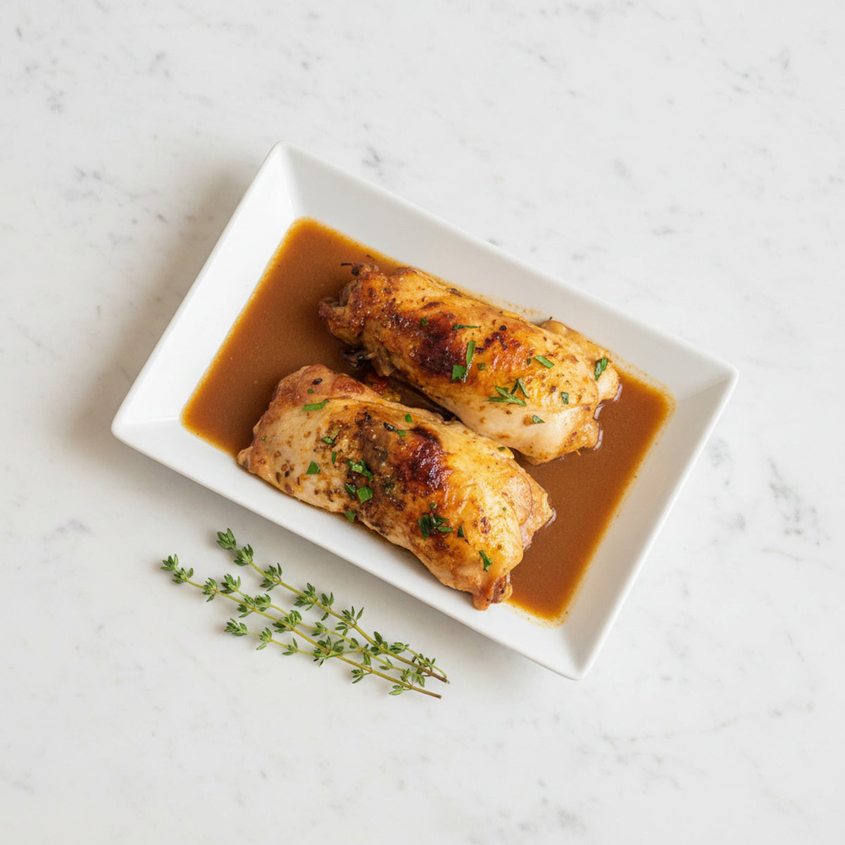 TK Mushroom and Vegetable Stuffed Boneless Chicken Leg served on a white plate with pan sauce and thyme
