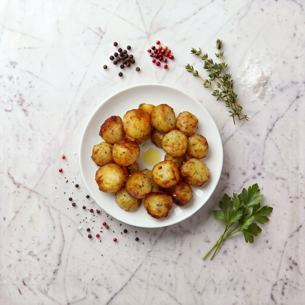 Overhead view of TK Parisian Roasted Potatoes, small round herbed potatoes on a white plate