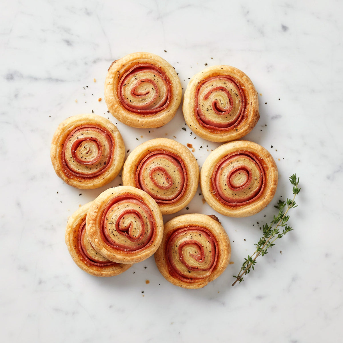Overhead view of TK Pre-Baked Deli Pinwheels, spiral pastry rounds with deli meat, on marble