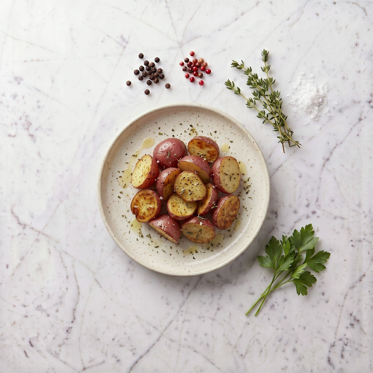 Overhead view of TK Red Skin Roasted Potatoes, halved and herbed, on a speckled plate