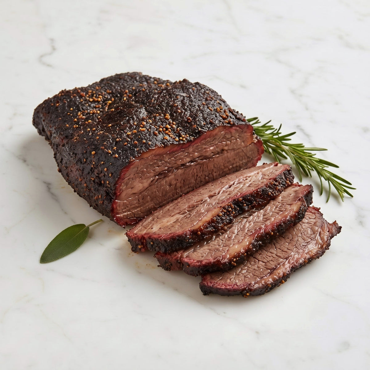 TK Roasted Beef Brisket with a dark peppered bark, partly sliced, with rosemary and sage on marble