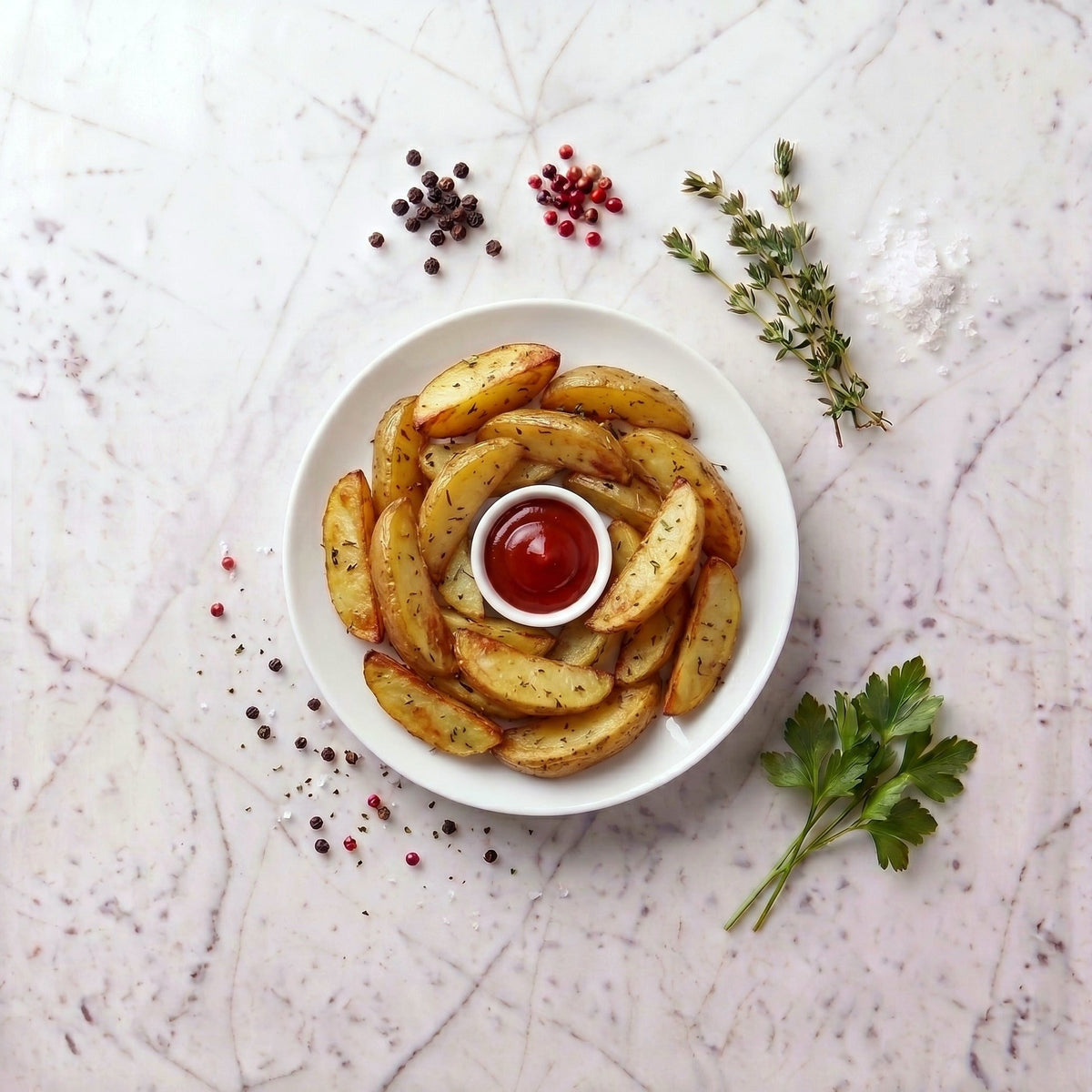 Overhead view of TK Roasted Potato Wedges arranged around a dish of ketchup on a marble surface