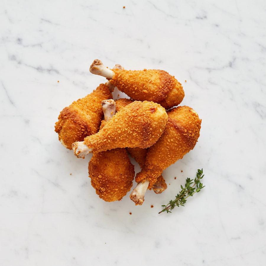 Breaded chicken drumsticks on a white marble surface
