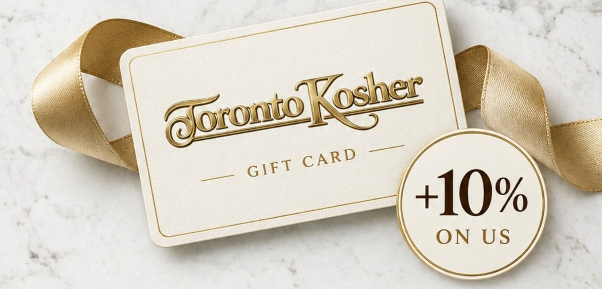 Toronto Kosher gift card with a gold ribbon and a +10% on us seal