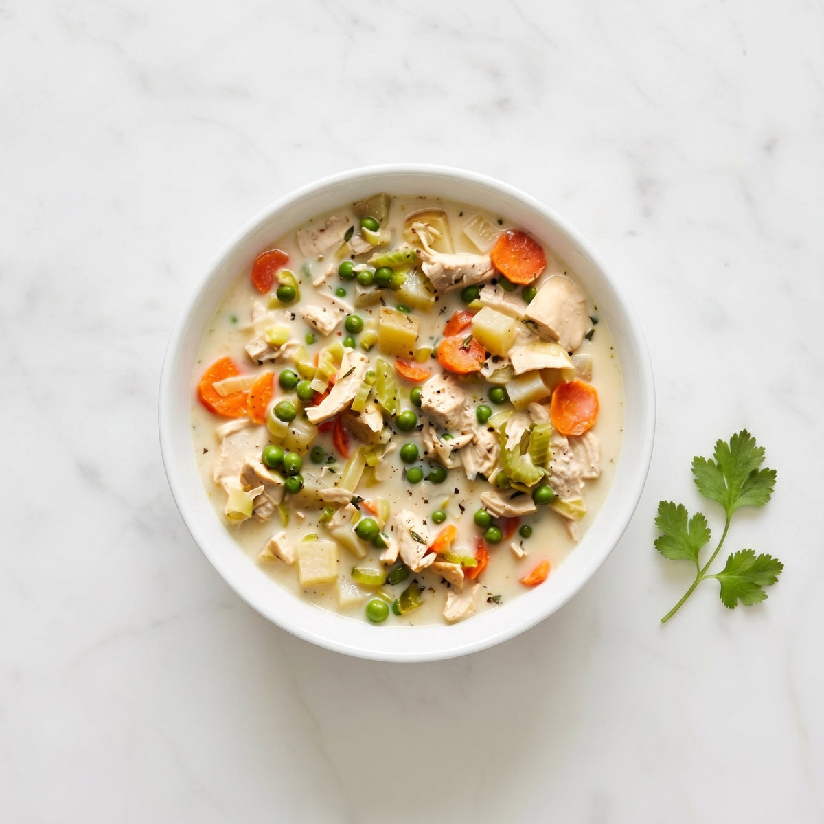 Overhead view of a bowl of Turkey Stew in a creamy broth with carrot, celery, peas and potato