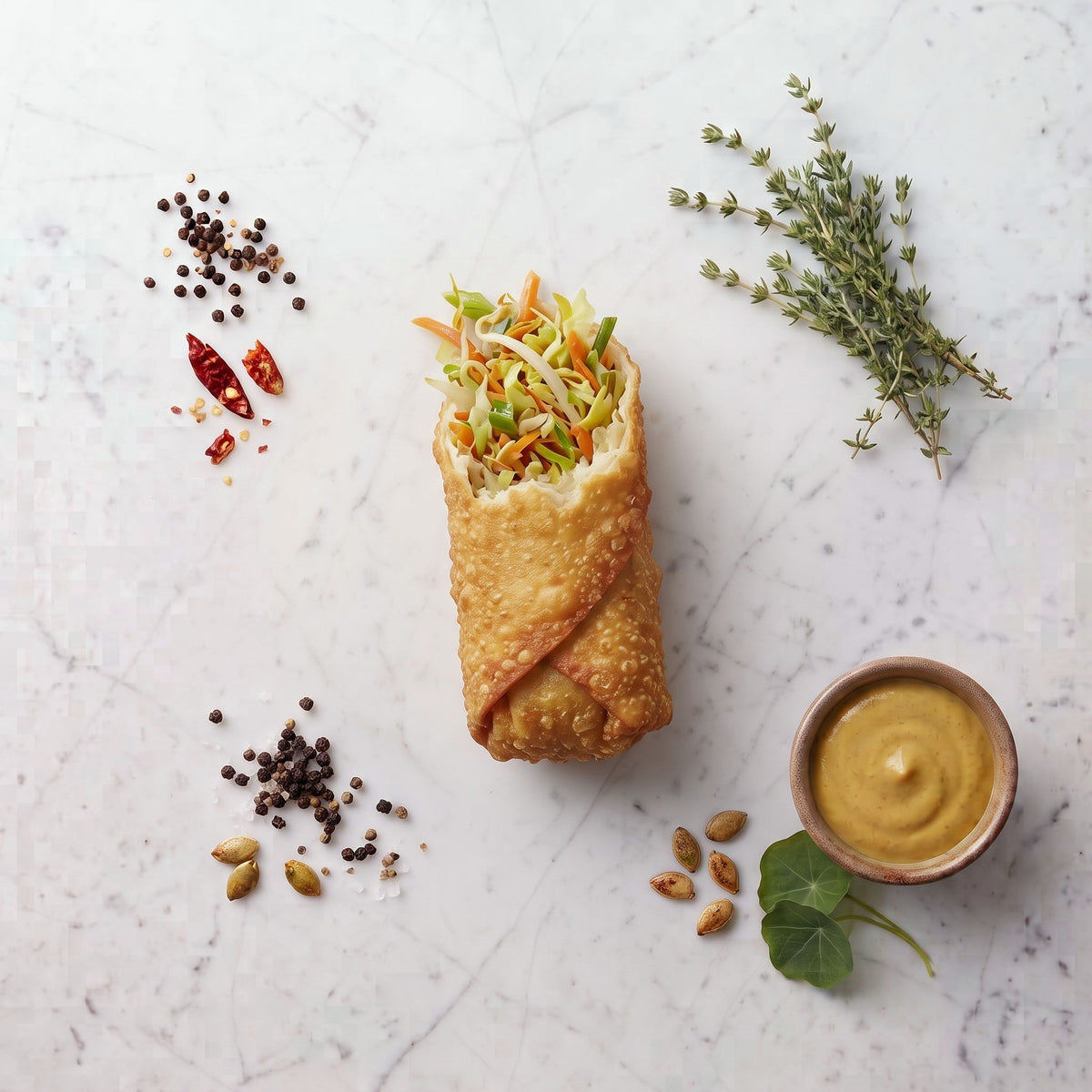 Overhead view of a Vegetable Eggroll cut open to show cabbage and carrot filling, with mustard