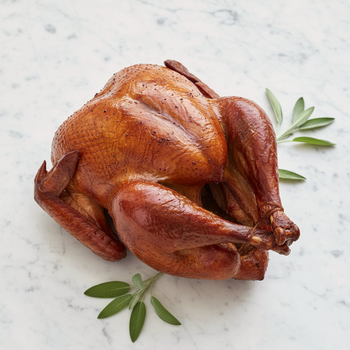 A Whole Smoked Turkey with glossy mahogany skin, sage leaves alongside, on a marble surface
