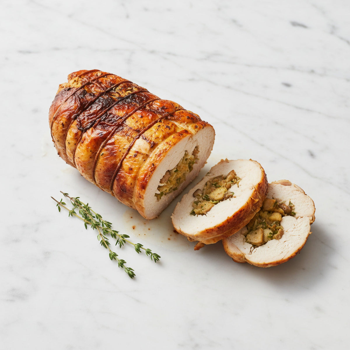 Whole Stuffed Boneless Chicken roast, partly sliced to show the stuffing, with thyme on a marble surface