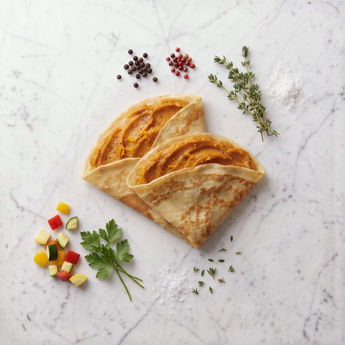 Overhead view of two folded Yam Crepes filled with sweet potato puree on a marble surface
